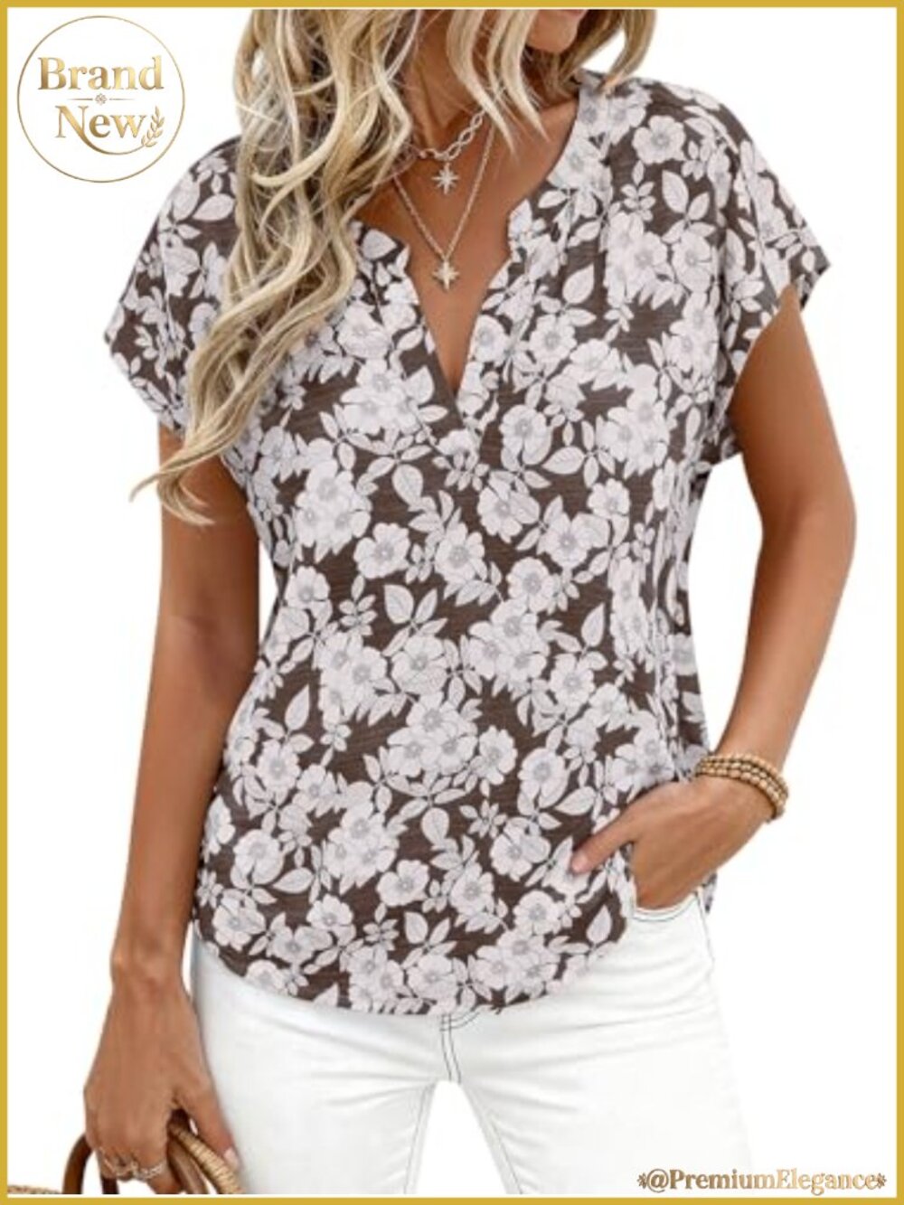 Floral V-Neck Cap Sleeve Loose Fit Knit T-Shirt Women's Summer